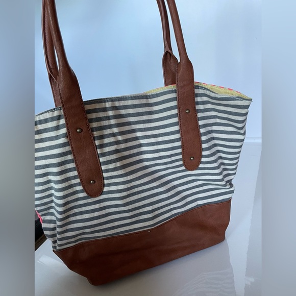 O’Neill 2-Way Canvas & Leather Tote Bag - Pink Stripe or Grey/Blue Stripe - Picture 5 of 11